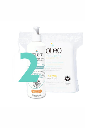 NOLEO Diaper Care bottle and organic cotton pad pack, featuring certified organic ingredients and sustainable packaging.