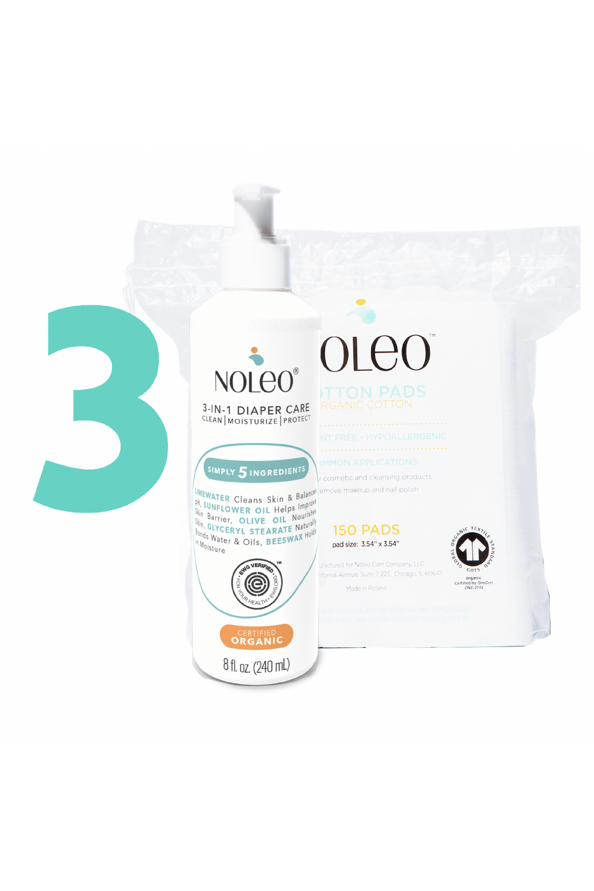NOLEO DUO: 3-in-1 Diaper Rash Cream & Large Cotton Pads | Bundle