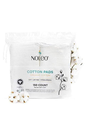 NOLEO Organic Cotton Pads in a resealable bag, featuring 150 count, surrounded by cotton flowers on a white background.