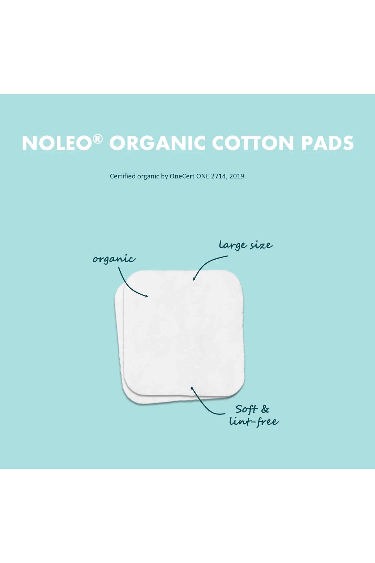 White organic cotton pads with rounded edges on a blue background, labeled organic, large size, and soft & lint-free.