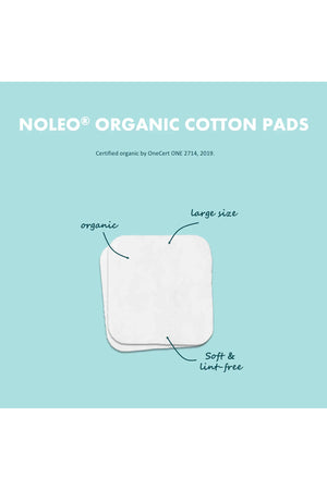 White organic cotton pads with rounded edges on a blue background, labeled organic, large size, and soft & lint-free.