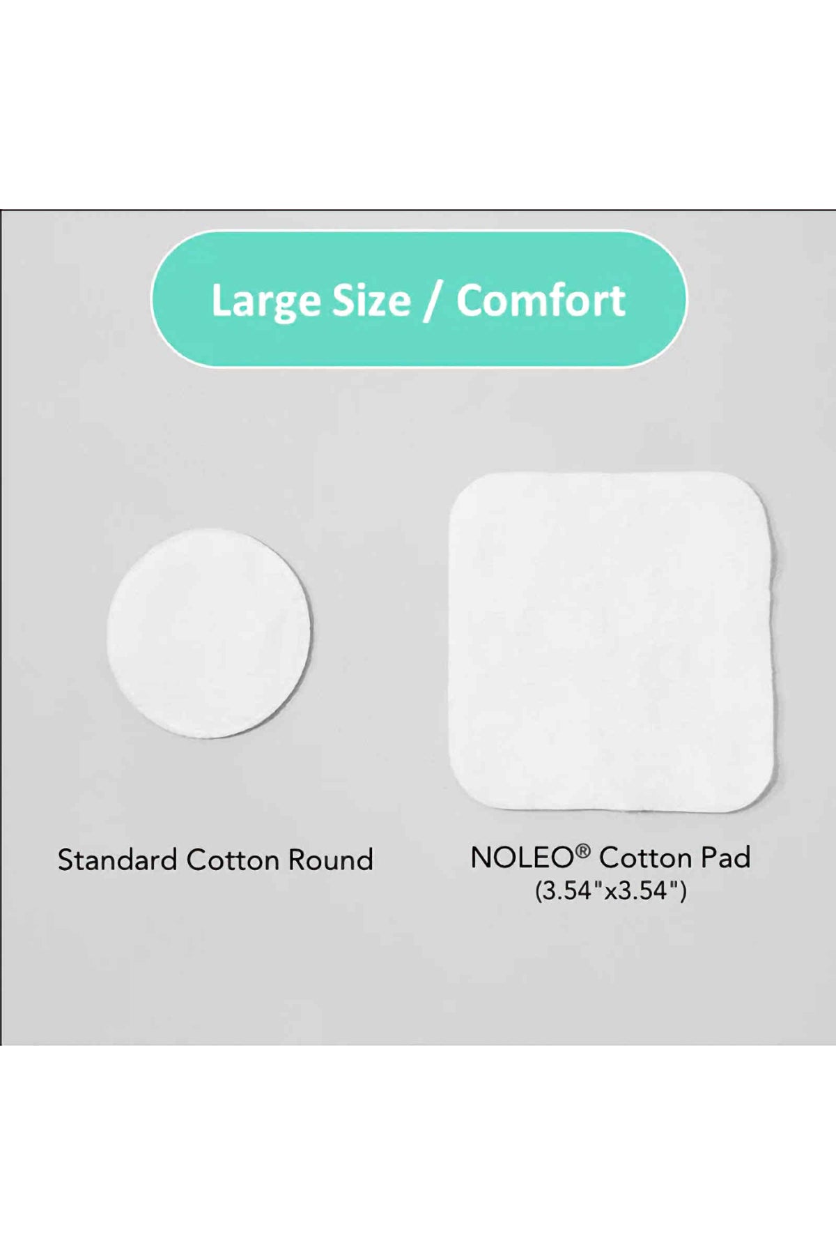 Comparison of a standard cotton round and a larger NOLEO cotton pad on a gray background.