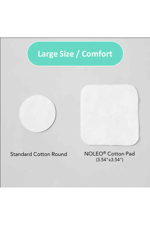 Comparison of a standard cotton round and a larger NOLEO cotton pad on a gray background.
