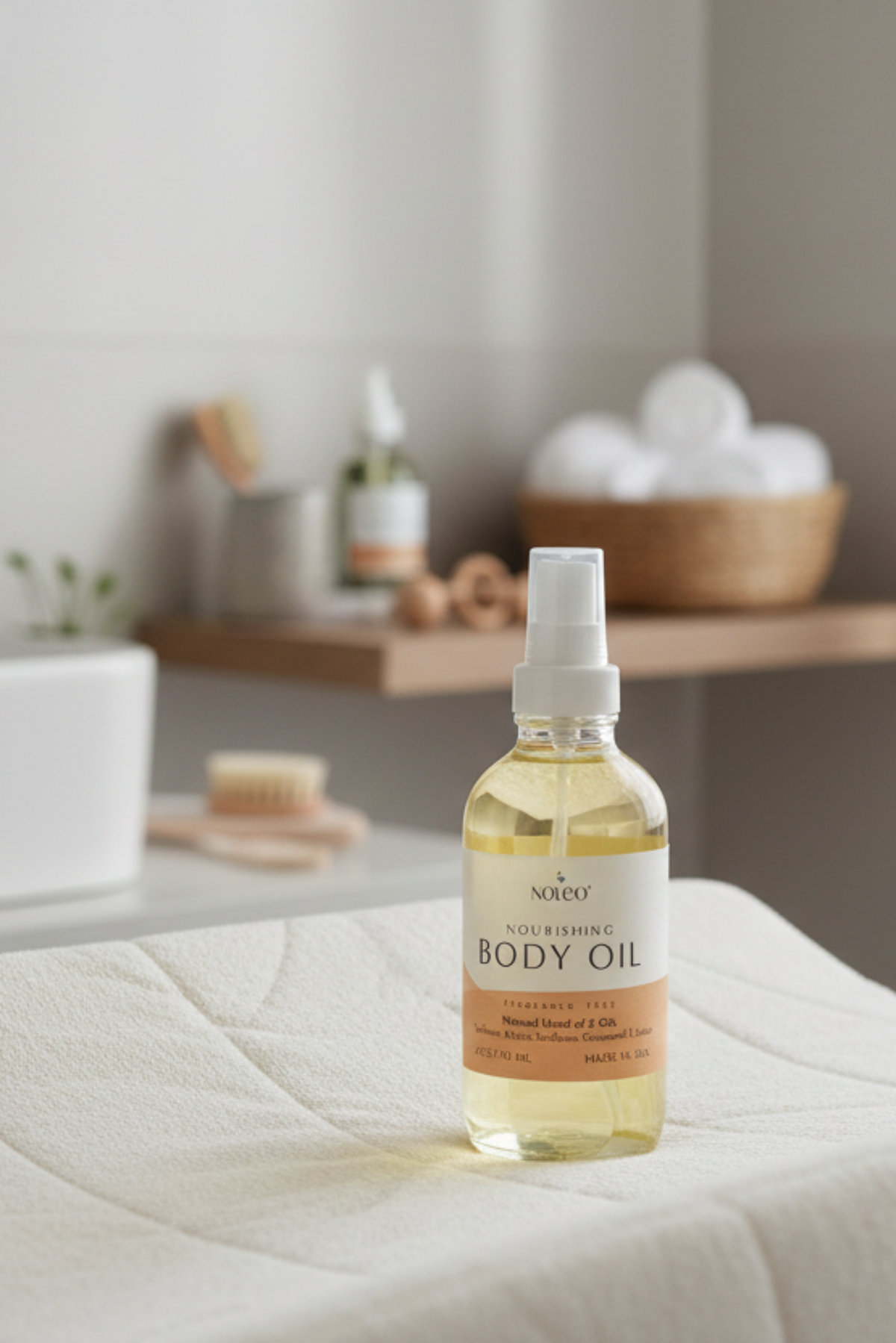 A glass bottle of NOLEO Nourishing Body Oil sits on a textured cream surface, with organic towels and a wooden.