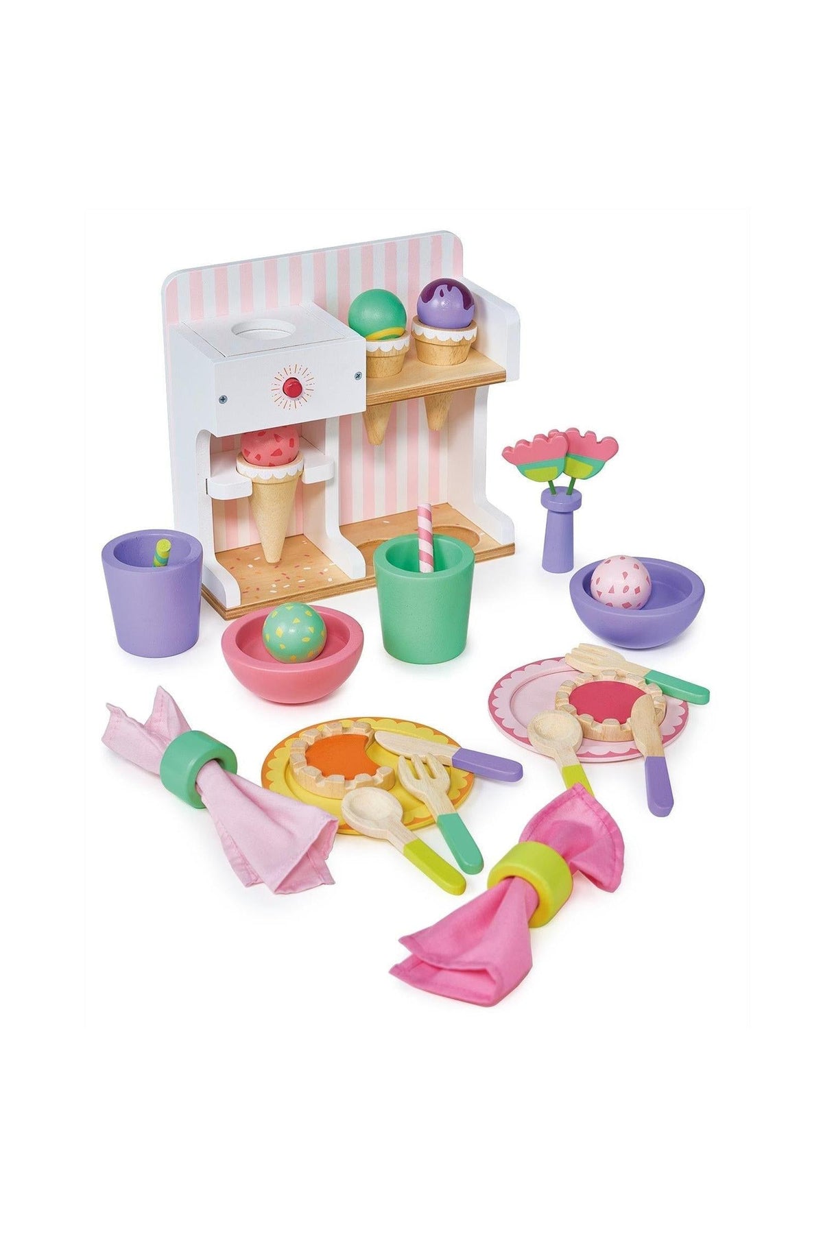 Colorful wooden playset with ice cream cones, plates, cutlery, cups, napkins, and a pink striped backdrop.