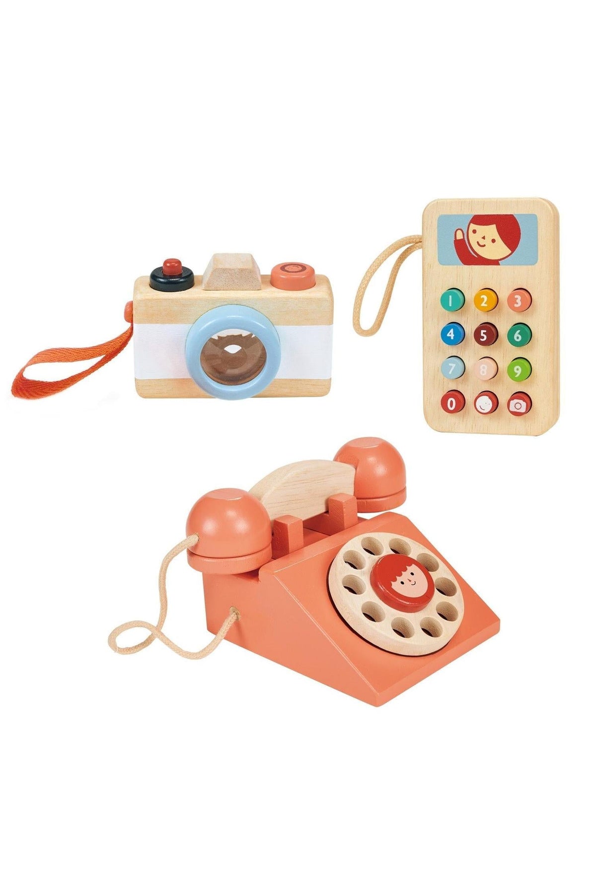 Wooden toy set featuring a retro telephone, mobile phone, and camera with colorful buttons and kaleidoscope lens.