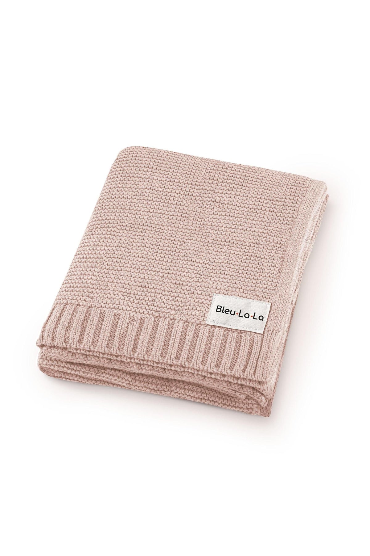 Soft pink knit baby blanket with ribbed edges and a Bleu La La label, made from organic cotton.