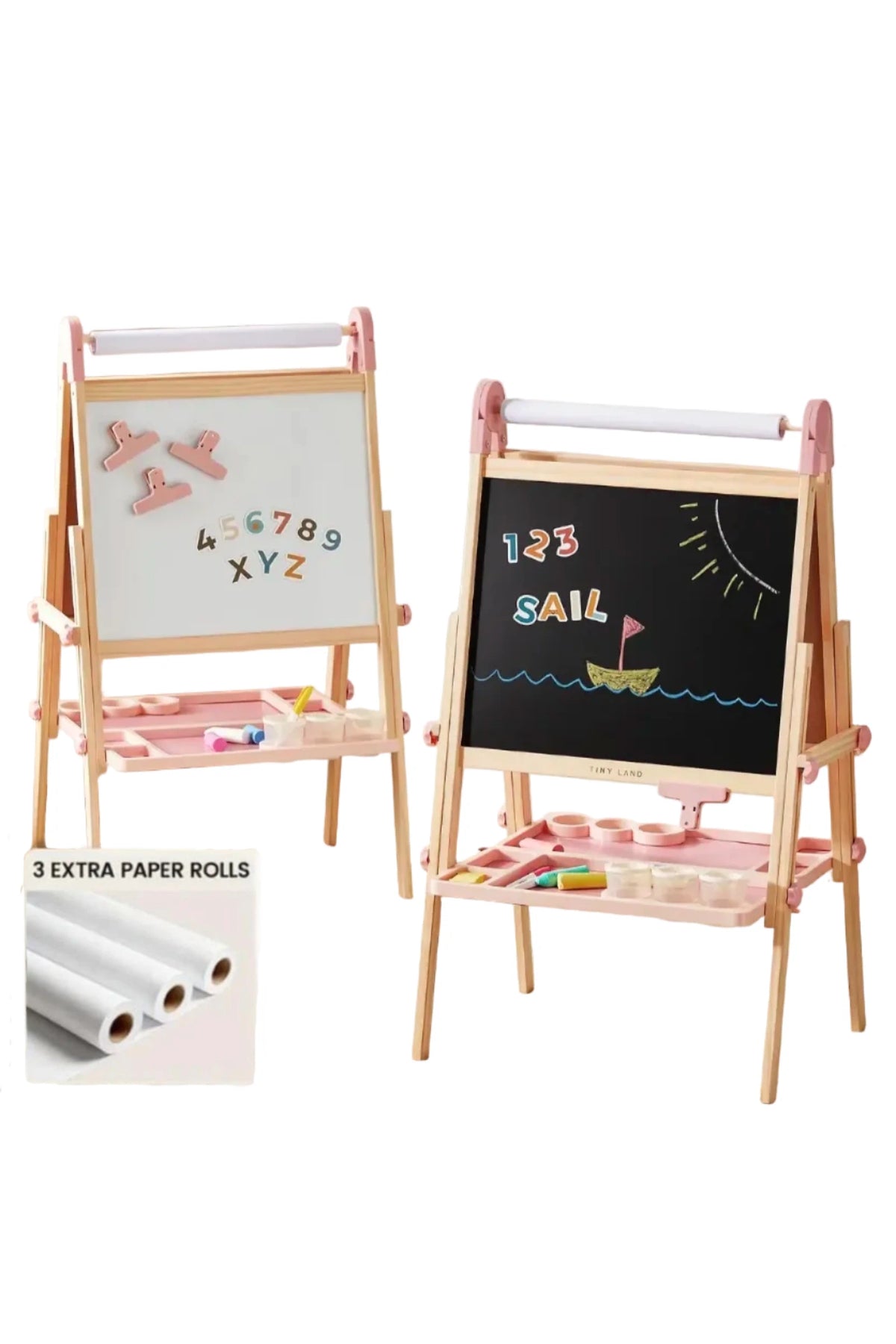 A pink adjustable art easel features a magnetic whiteboard and chalkboard, showcasing colorful letters and numbers. It includes three paper rolls and a convenient storage tray for art supplies.