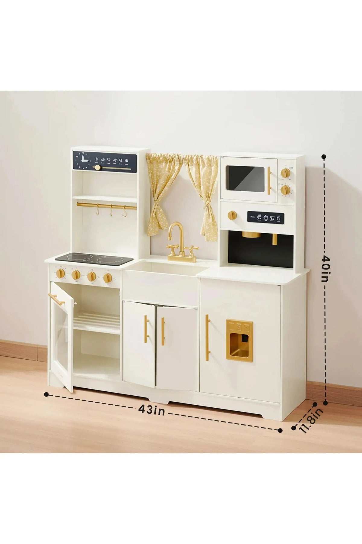 The Tiny Land® Iconic Wooden Play Kitchen features a cream-colored design with gold accents, realistic appliances, and a sturdy wooden construction, perfect for imaginative play for toddlers and kids.