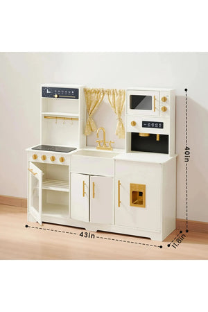 The Tiny Land® Iconic Wooden Play Kitchen features a cream-colored design with gold accents, realistic appliances, and a sturdy wooden construction, perfect for imaginative play for toddlers and kids.