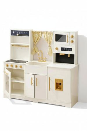 A cream-colored wooden play kitchen features realistic details like a magnetic oven door, microwave, and sink with golden knobs. Ideal for toddlers, it encourages imaginative cooking play with sustainable materials.