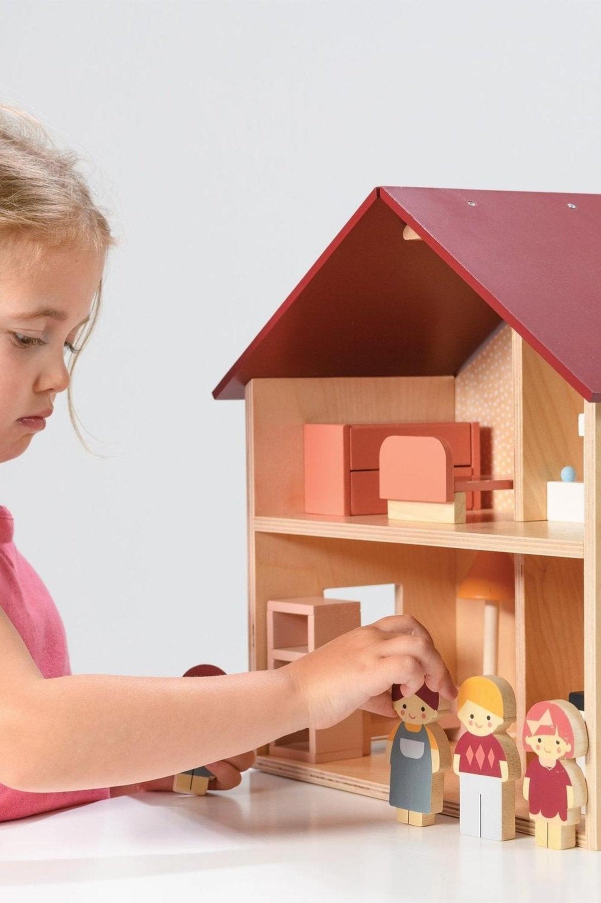 Mentari Toys Fully Furnished Wooden Dollhouse - Compact Open Design For Kids Age 3+