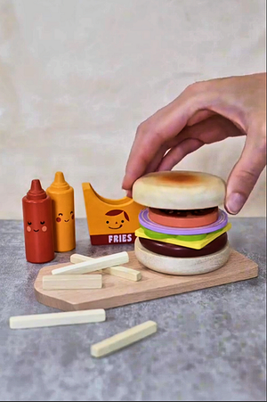 Fast Food Bundle | Pan Set | Chopping Board | Pizza and Burger | Mentari Wooden Toys