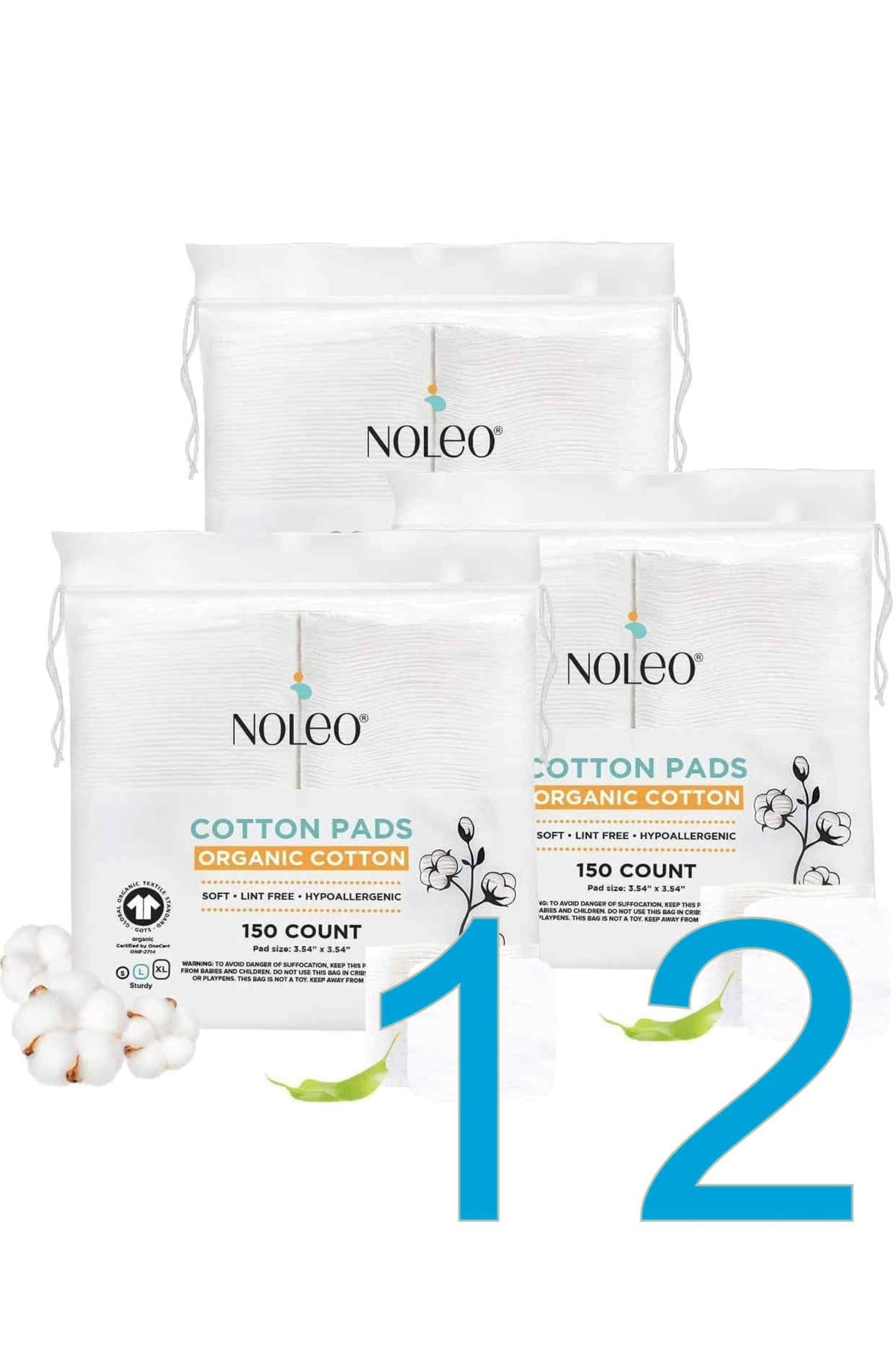 NOLEO Organic Cotton Pads in resealable bags, featuring cotton illustration and eco-friendly certification. Number 12 is overlaid.