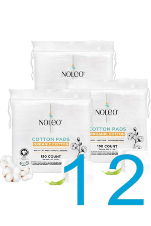 NOLEO Organic Cotton Pads in resealable bags, featuring cotton illustration and eco-friendly certification. Number 12 is overlaid.