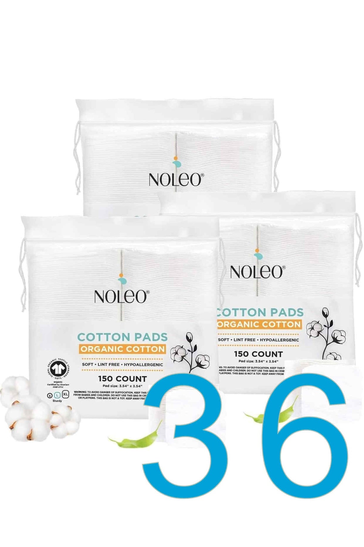 NOLEO Organic Cotton Pads in resealable bags with floral design, featuring a large blue number 36 overlay.