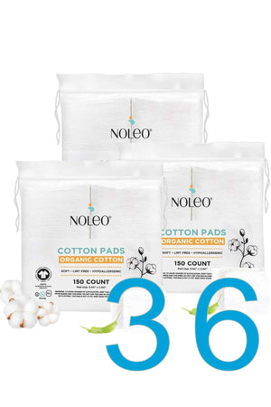 NOLEO Organic Cotton Pads in resealable bags with floral design, featuring a large blue number 36 overlay.