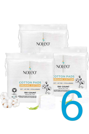 NOLEO Organic Cotton Pads in resealable bags, featuring soft, hypoallergenic material, with decorative cotton imagery and number six.
