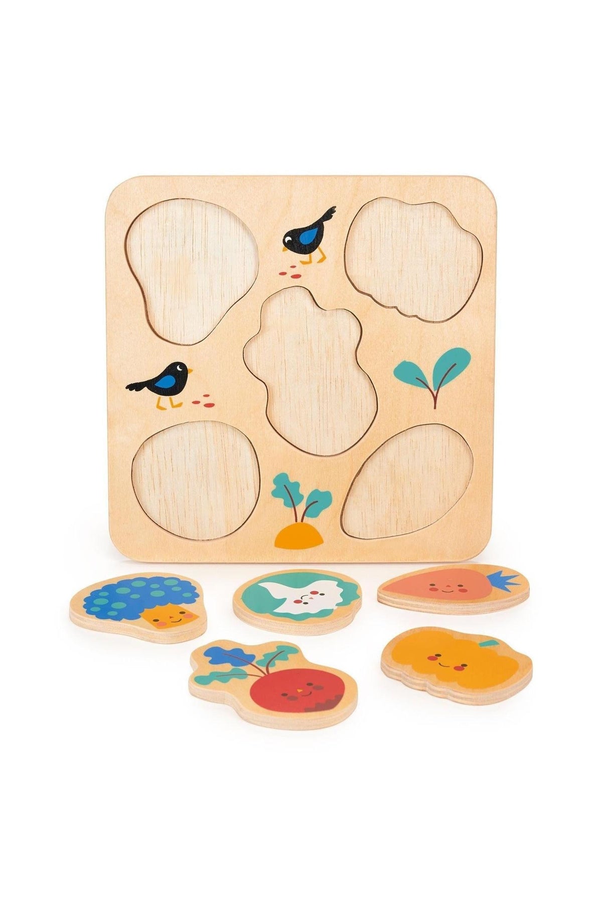 Wooden vegetable puzzle with colorful pieces depicting broccoli, carrot, and tomato, designed for childrens play and learning.