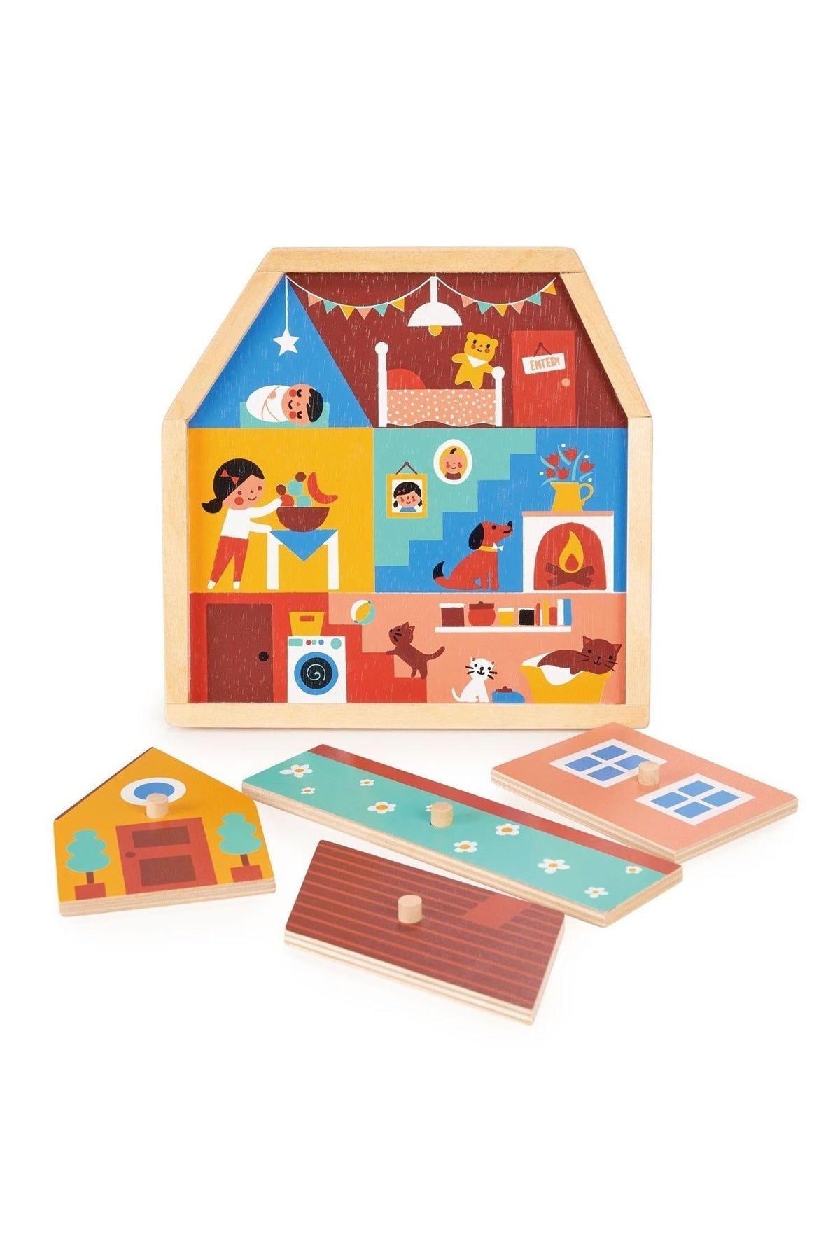Colorful wooden house puzzle with removable pieces, depicting home life scenes. Made from sustainable materials for safe play.