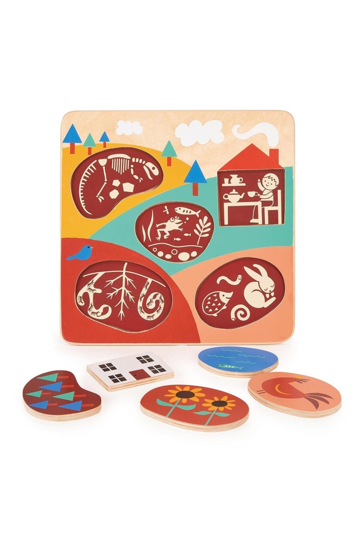 Colorful wooden puzzle with countryside scenes, featuring removable pieces depicting animals, plants, and a house. Eco-friendly design.