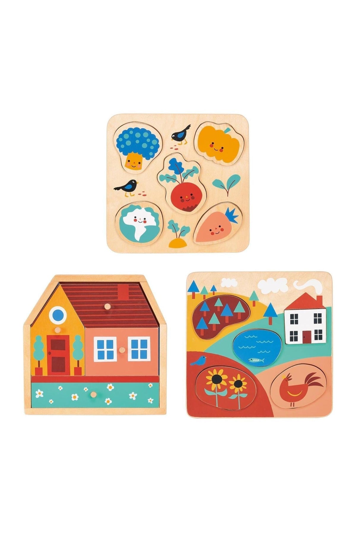 Three colorful wooden puzzles featuring a house, vegetables, and countryside scenes with playful illustrations and vibrant colors.