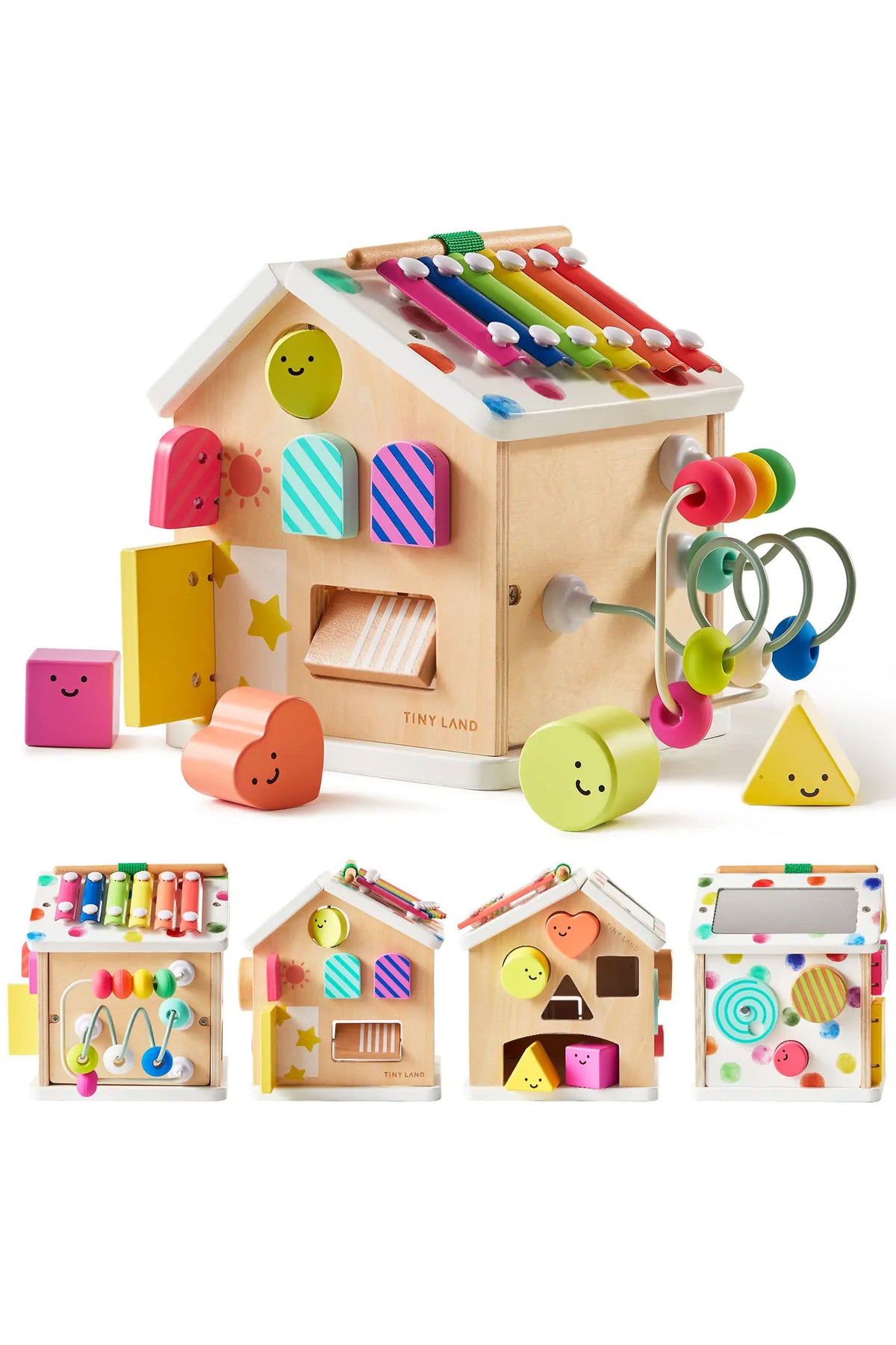 A colorful wooden activity cube from Tiny Land features various shapes, colors, and interactive elements designed for toddlers.