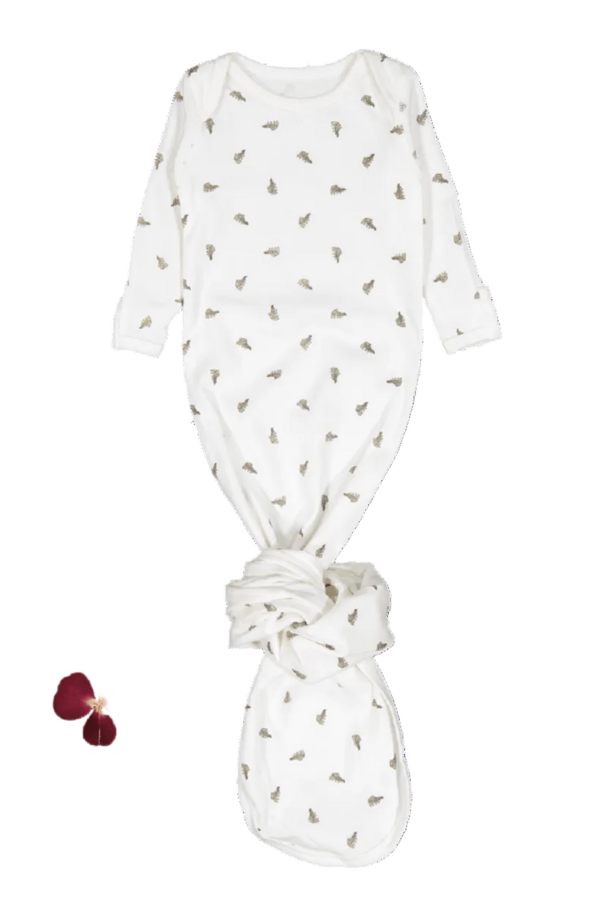 Cream-colored baby gown featuring a playful leaf pattern, made from 95% cotton for comfort. The gown has long sleeves and a tie bottom for easy diaper changes and snug fit.