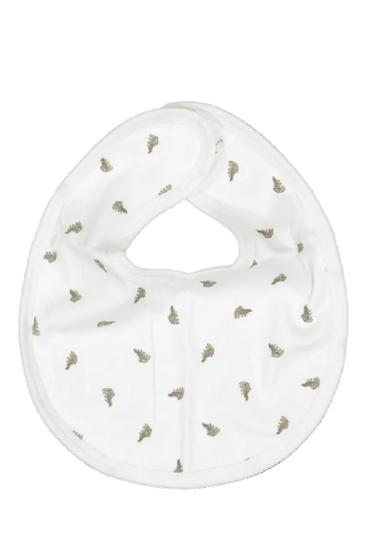 Soft white cotton bib featuring a delicate pattern of small, brown leaves. Designed for comfort and easy cleaning, this sustainable accessory is ideal for young children.
