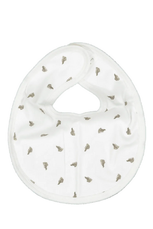 Soft white cotton bib featuring a delicate pattern of small, brown leaves. Designed for comfort and easy cleaning, this sustainable accessory is ideal for young children.