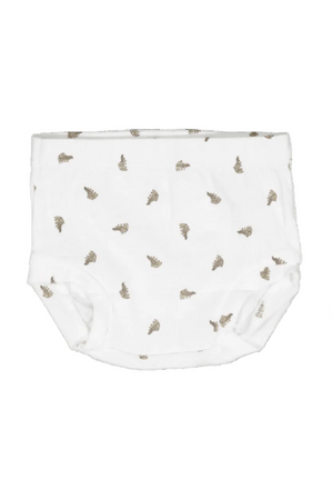 White leaf cotton bloomers feature a soft, organic cotton fabric with a playful print. Perfect for babies and toddlers, these comfy bloomers are ideal for warm, sunny days.