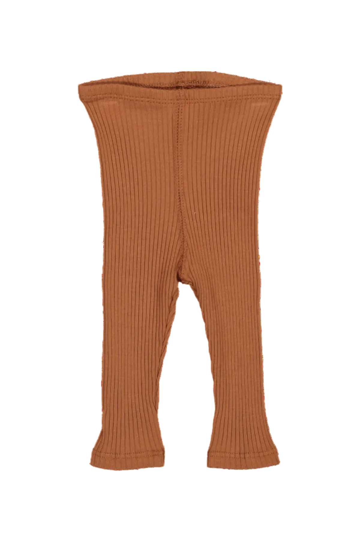 Rust-colored cotton leggings with a ribbed texture are displayed beside a small decorative flower. These soft, stretchy leggings are perfect for babies and kids, offering comfort and style.