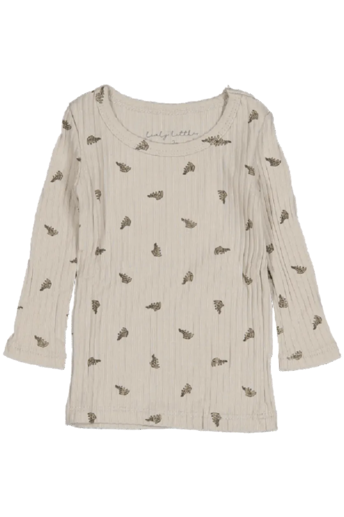 Light beige long sleeve tee featuring a delicate leaf print, made from soft organic cotton. Ideal for layering or wearing alone, perfect for sustainable fashion enthusiasts.