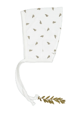 A white cotton bonnet featuring a leaf print, designed for comfort and style. Made from soft, stretch fabric with eco-friendly materials, perfect for young children.