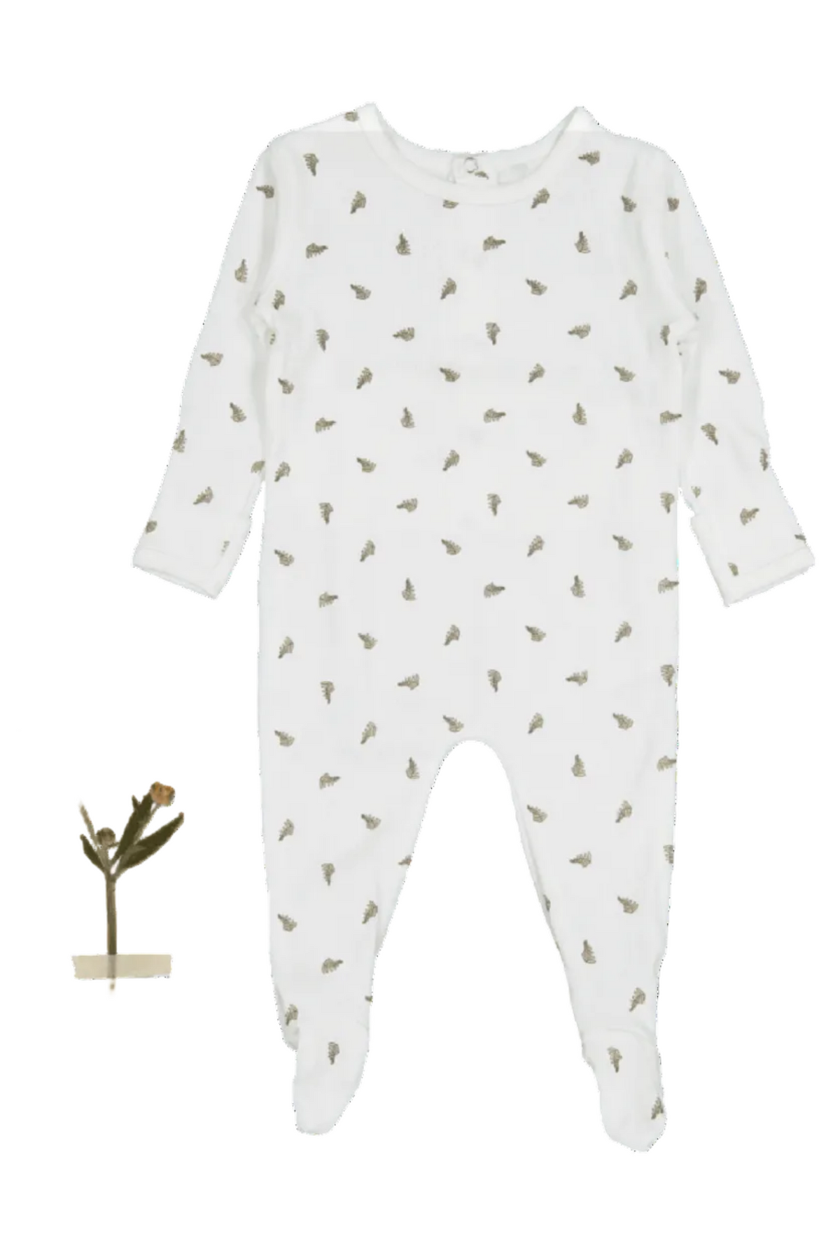 A white cotton baby romper featuring a scattered leaf pattern, designed with long sleeves and footed bottoms. The soft, organic material ensures comfort for infants aged 0-3 months.