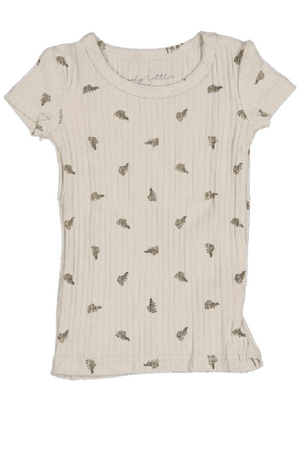 Light beige short sleeve cotton tee featuring a subtle leafy pattern, designed for babies and kids. Made from organic materials, it emphasizes comfort and sustainability for everyday wear.