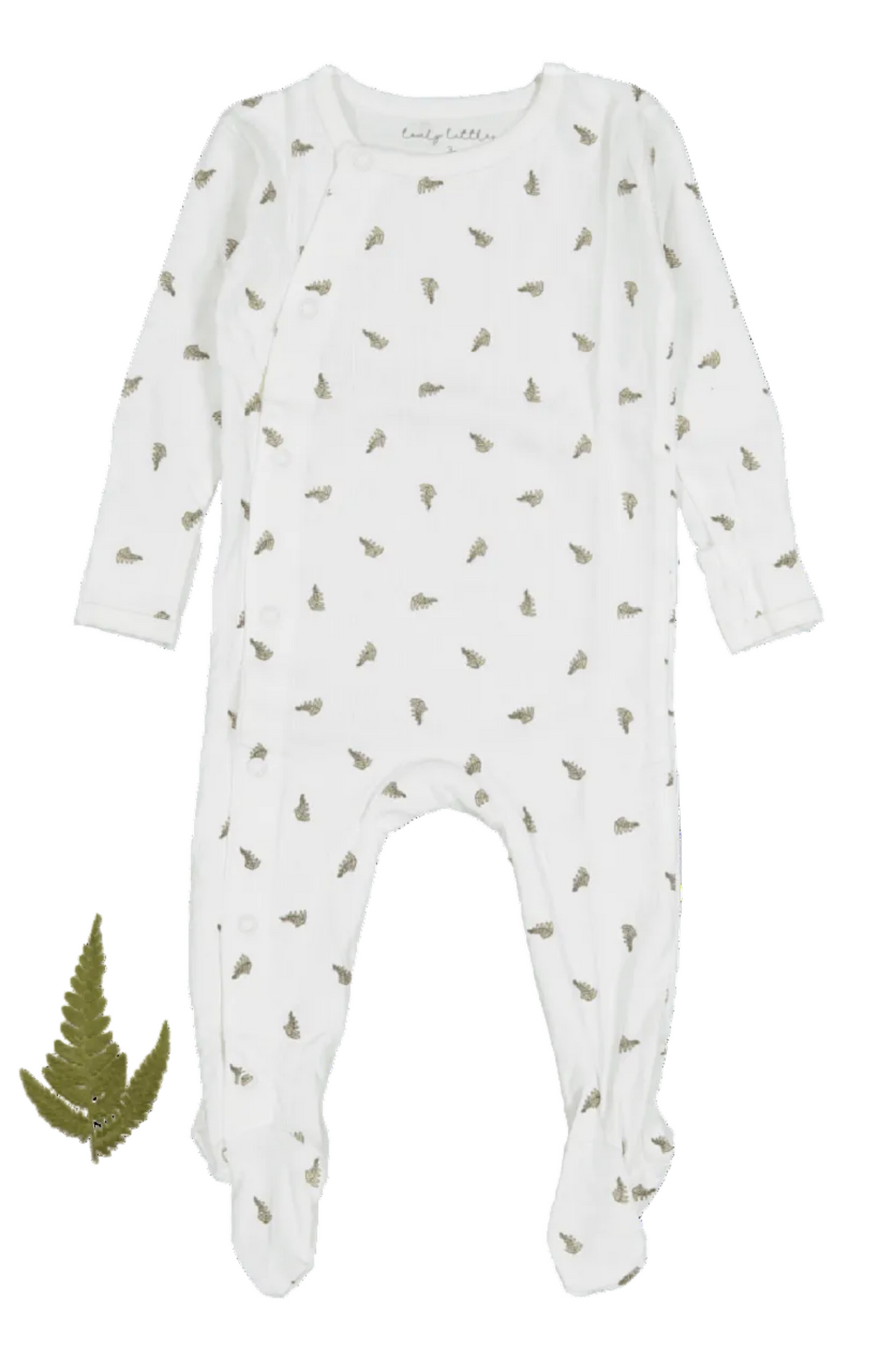 A white cotton baby romper features a playful leaf print in green, designed for comfort with long sleeves and snap closures, ideal for infants aged 0-3 months.