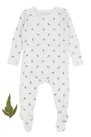 A white cotton baby romper features a playful leaf print in green, designed for comfort with long sleeves and snap closures, ideal for infants aged 0-3 months.