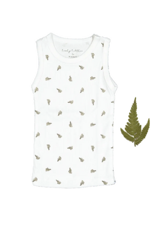 A white ribbed cotton tank top features a delicate leaf print, perfect for babies and toddlers. This soft, sustainable fabric is ideal for summer outfits and everyday wear.