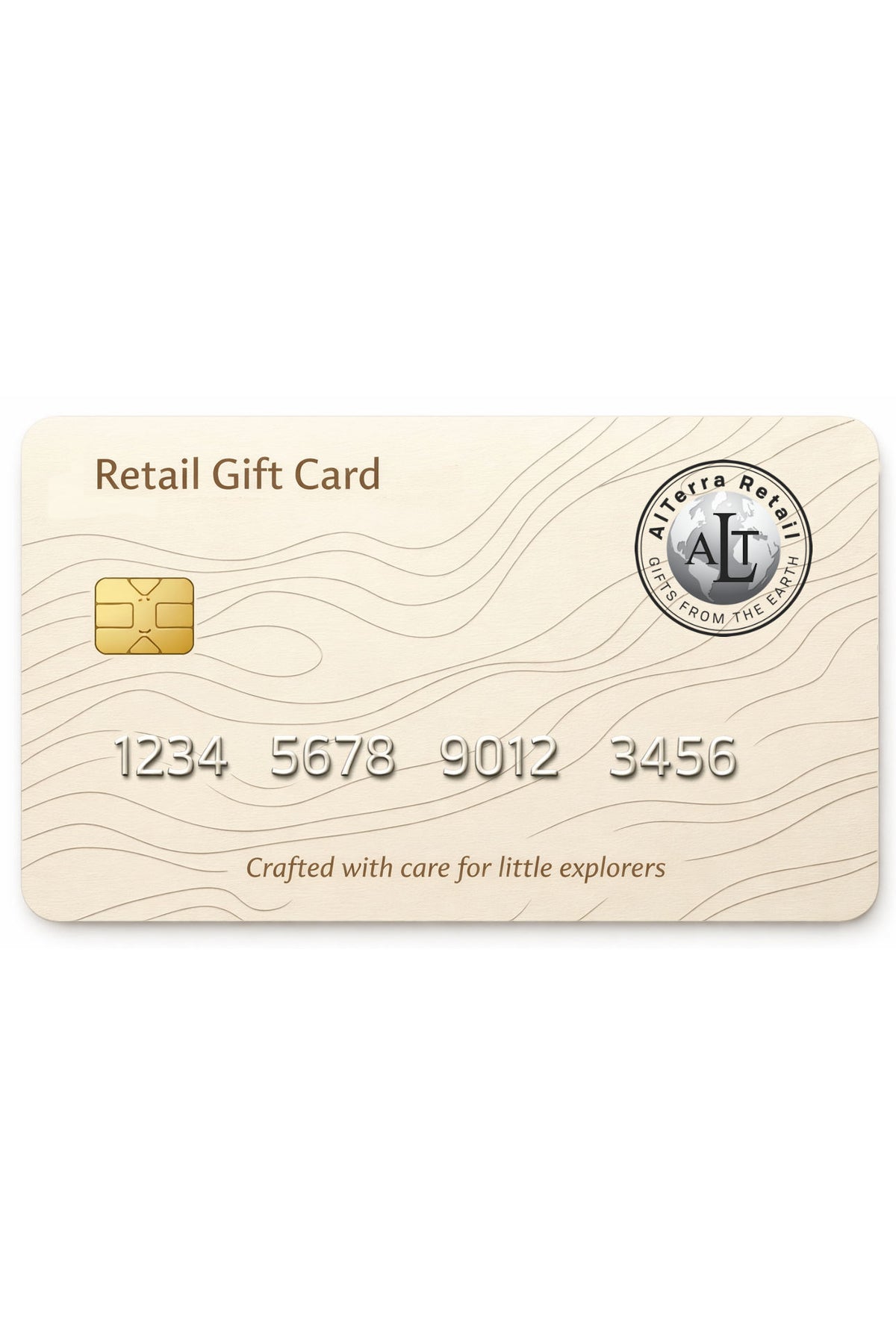 A light beige AlTerra Retail Gift Card featuring a subtle embossed design and a chip. It is labeled Retail Gift Card and includes a unique card number for redemption.
