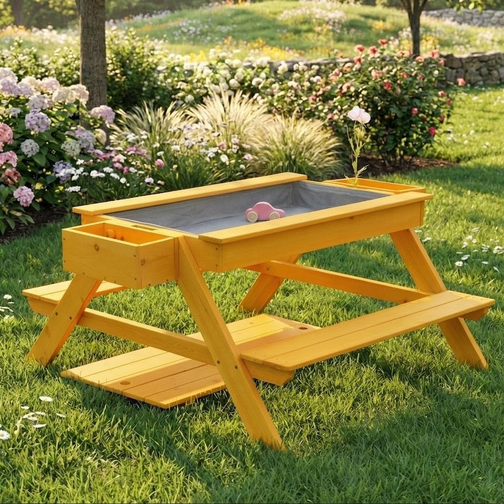 Bright yellow wooden picnic and sand table sits on lush green grass surrounded by blooming flowers.
