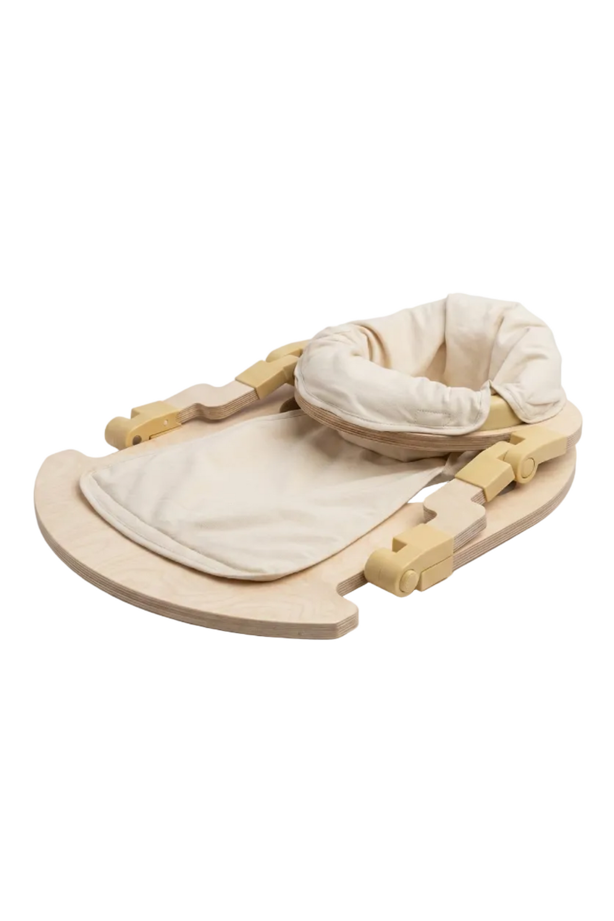 A foldable wooden baby activity seat features a smooth, natural wood finish with beige organic cotton padding. Its compact design allows for easy storage, perfect for eco-conscious families.