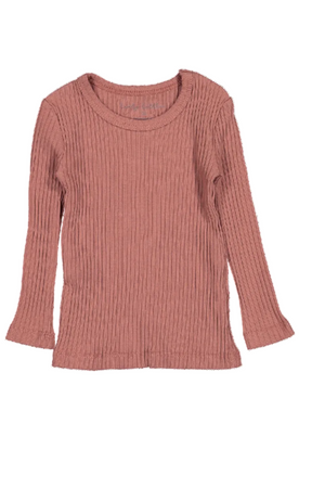 Soft rosewood ribbed long sleeve cotton tee for baby-kids, featuring a comfortable fit and classic design. Made from sustainable materials, it’s perfect for everyday wear and play.