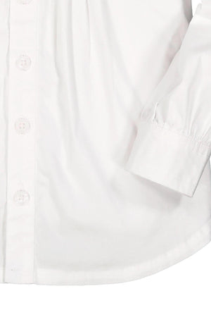 Close-up of a white blouse featuring button details, a ruffled collar, and pintucks on the front yoke, ideal for baby.