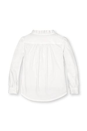 Back view of a white organic cotton blouse for baby girls, featuring a ruffled collar and buttoned cuffs, showcasing pintuck.
