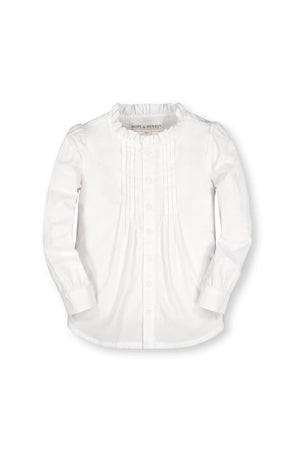 White long-sleeve blouse featuring a ruffled collar and pintuck detailing, designed for baby girls by Hope & Henry.
