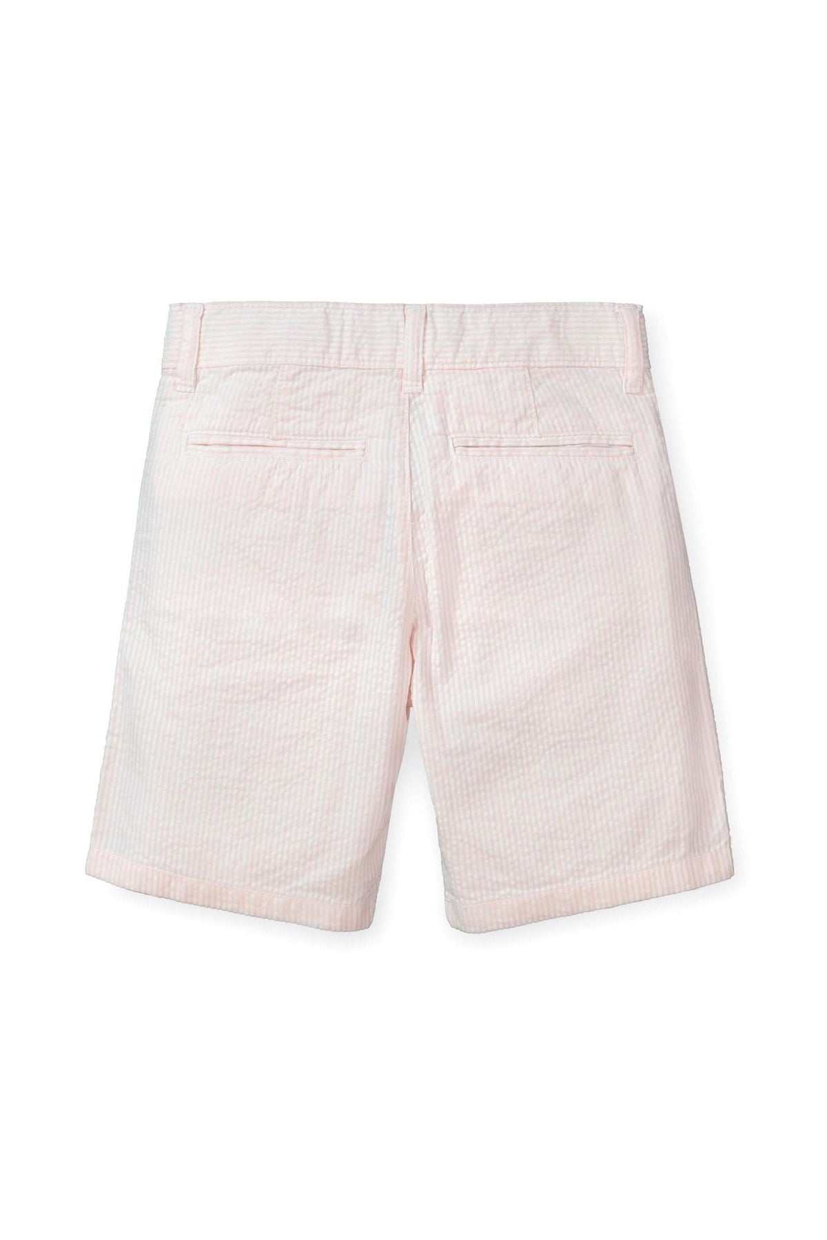 Light pink organic cotton seersucker baby shorts featuring a classic check pattern and two back pockets. Designed for comfort and style, perfect for everyday wear and special outings.