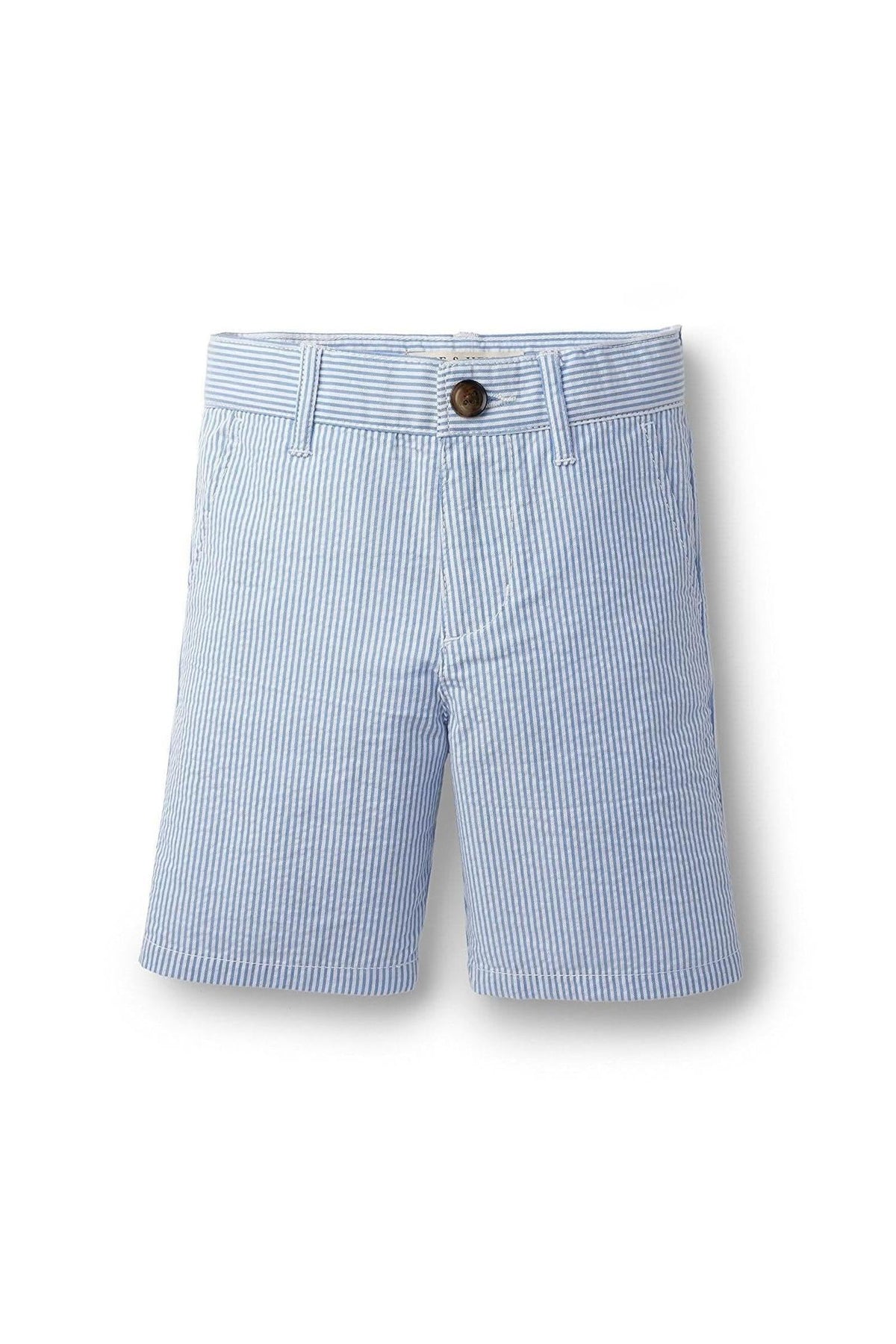 Light blue and white striped seersucker shorts made from organic cotton feature a faux horn button, adjustable waistband, and side pockets, perfect for casual wear and playdates.