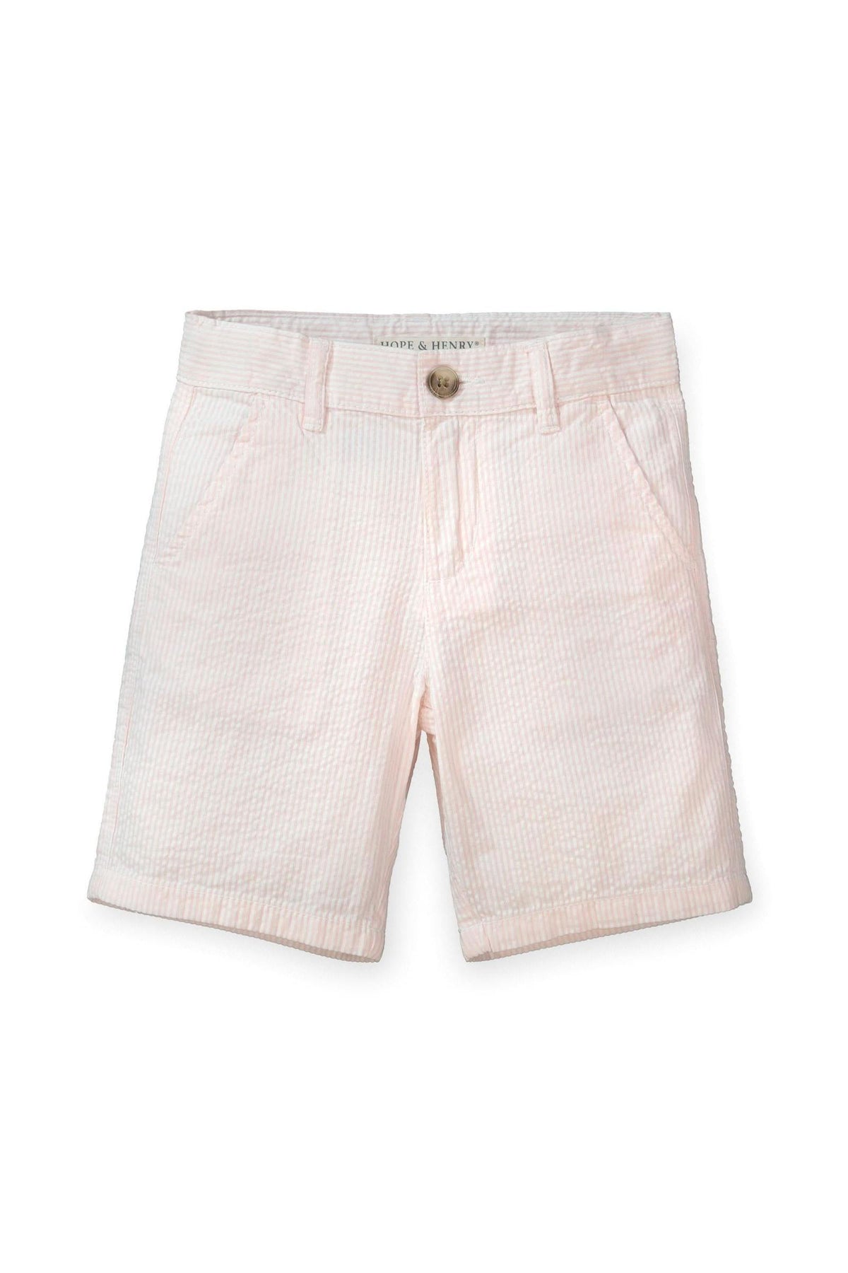 Light pink organic cotton seersucker shorts feature a classic striped pattern and an adjustable waistband, perfect for comfortable everyday wear and special occasions for little ones.