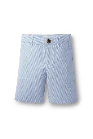 Light blue and white striped seersucker shorts made from organic cotton feature a faux horn button, adjustable waistband, and side pockets, perfect for casual wear and playdates.